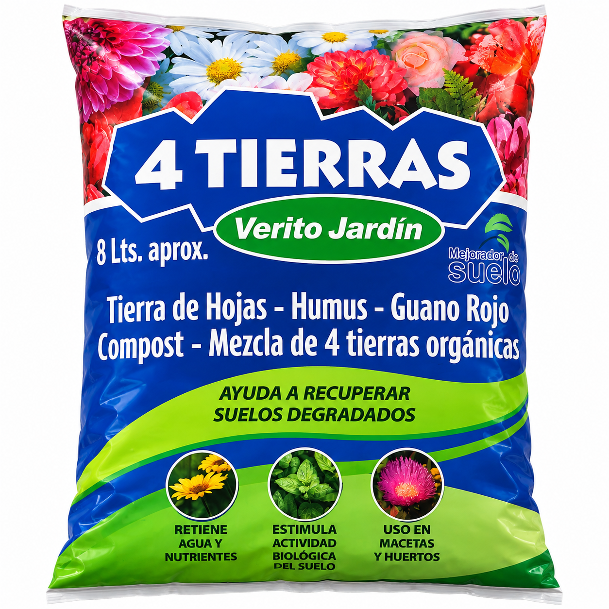 Bolsa de Tierra Orgánica Verito Jardín Sustrato 4 Tierras Orgánicas 8 Litros | Humus, Guano Rojo y Compost - Imagen 1
